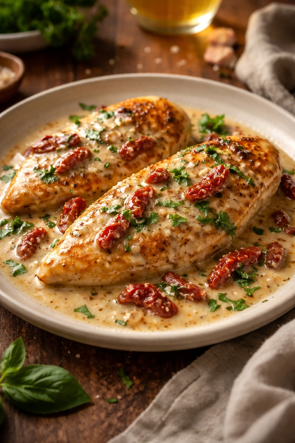 Close-up of Marry Me Chicken in creamy sauce with sun-dried tomatoes and herbs on a plate