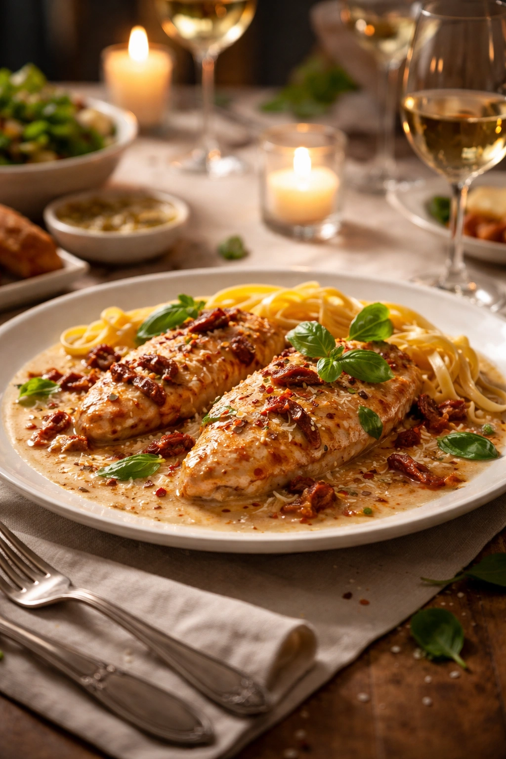 Plate of Marry Me Chicken styled for a dinner party, warm lighting.