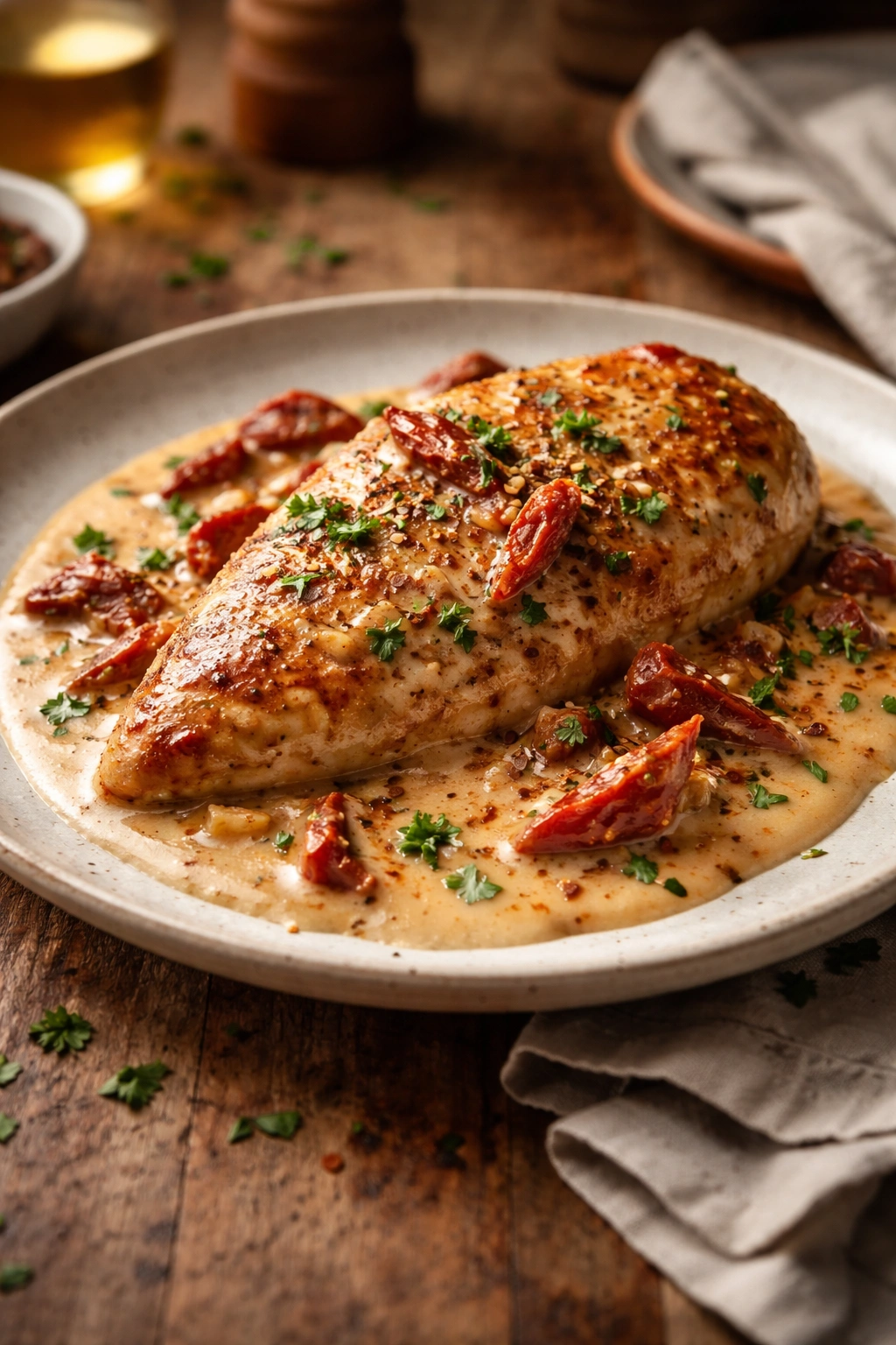 Plated Marry Me Chicken with creamy sun-dried tomato sauce, close-up, warm kitchen lighting.