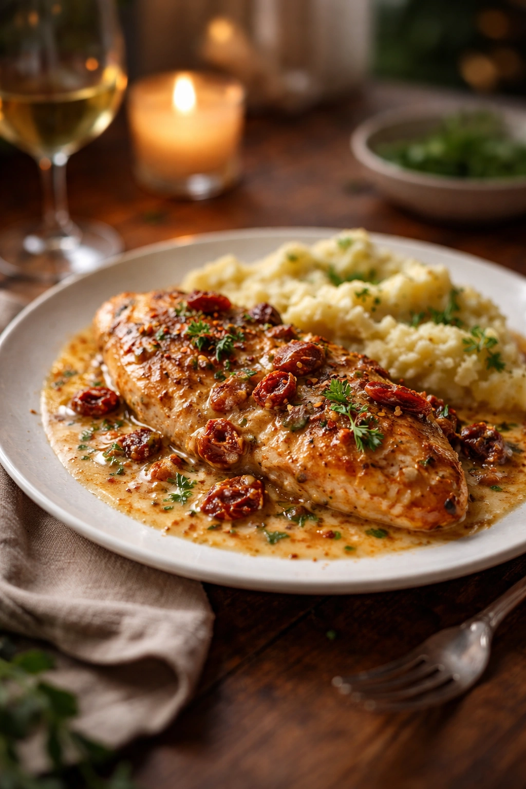 Plate of Marry Me Chicken on a rustic table with warm romantic lighting