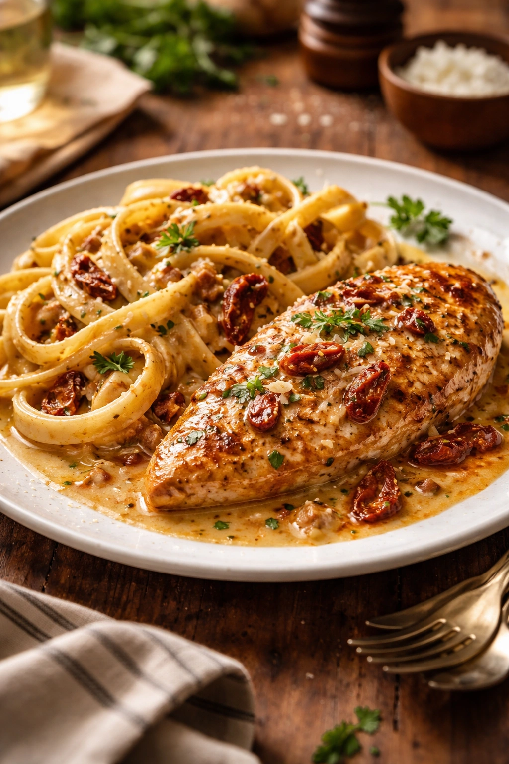 Plated Marry Me Chicken with creamy sun-dried tomato sauce and fettuccine pasta