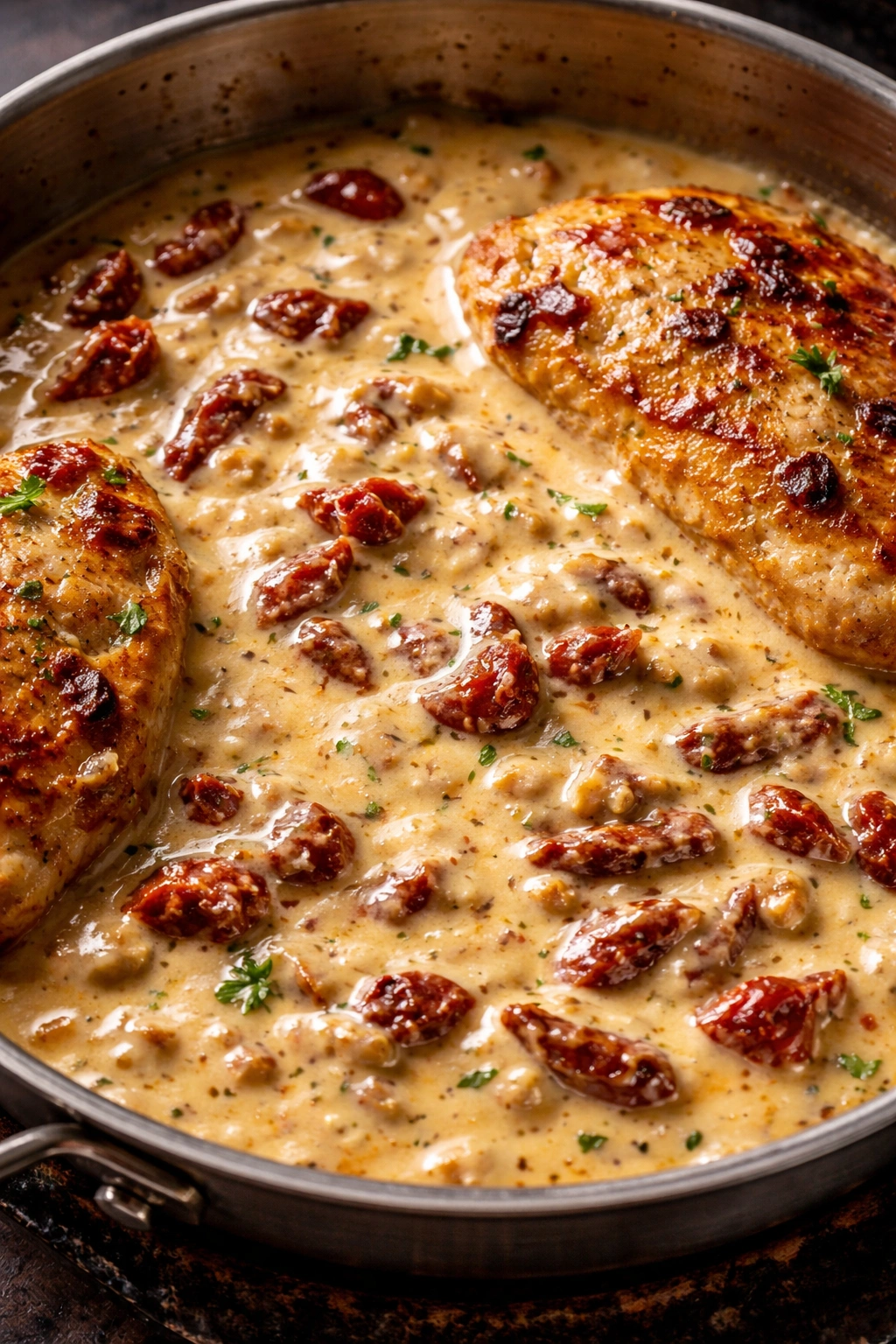 Close-up of glossy creamy sauce with sun-dried tomatoes and garlic.