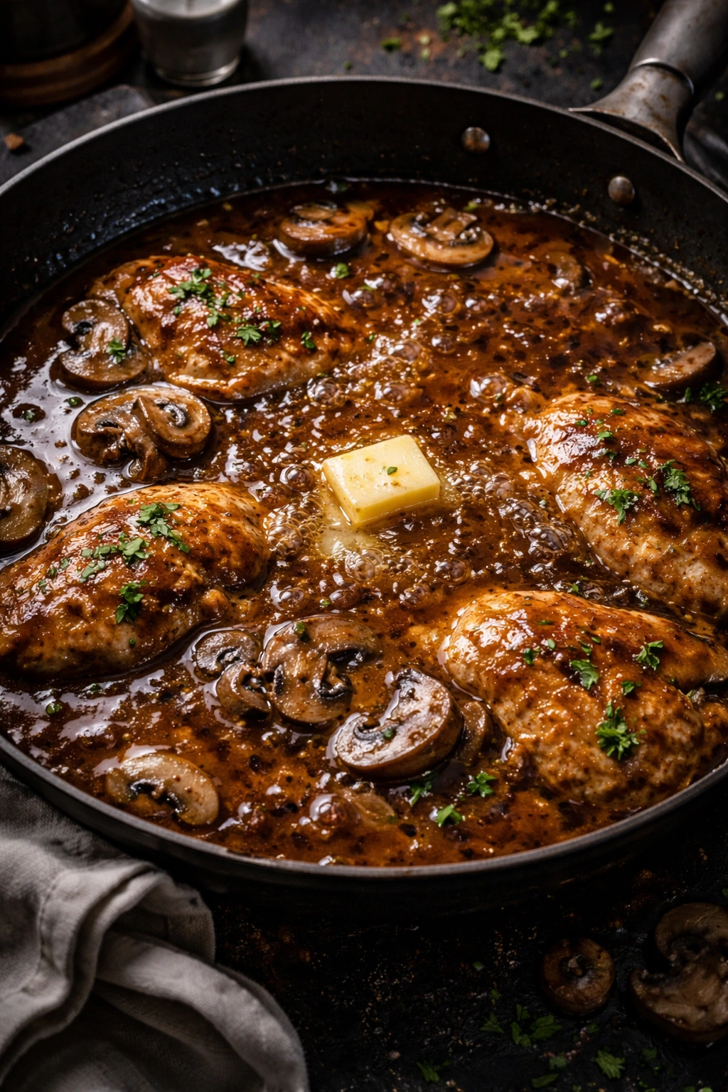 Glossy marsala sauce reduction in pan, rich color and bubbles