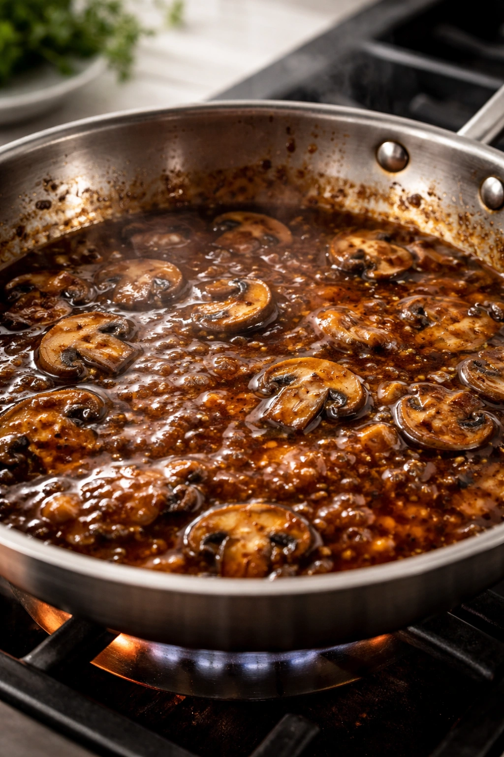 Close-up of glossy marsala sauce reduction in a pan