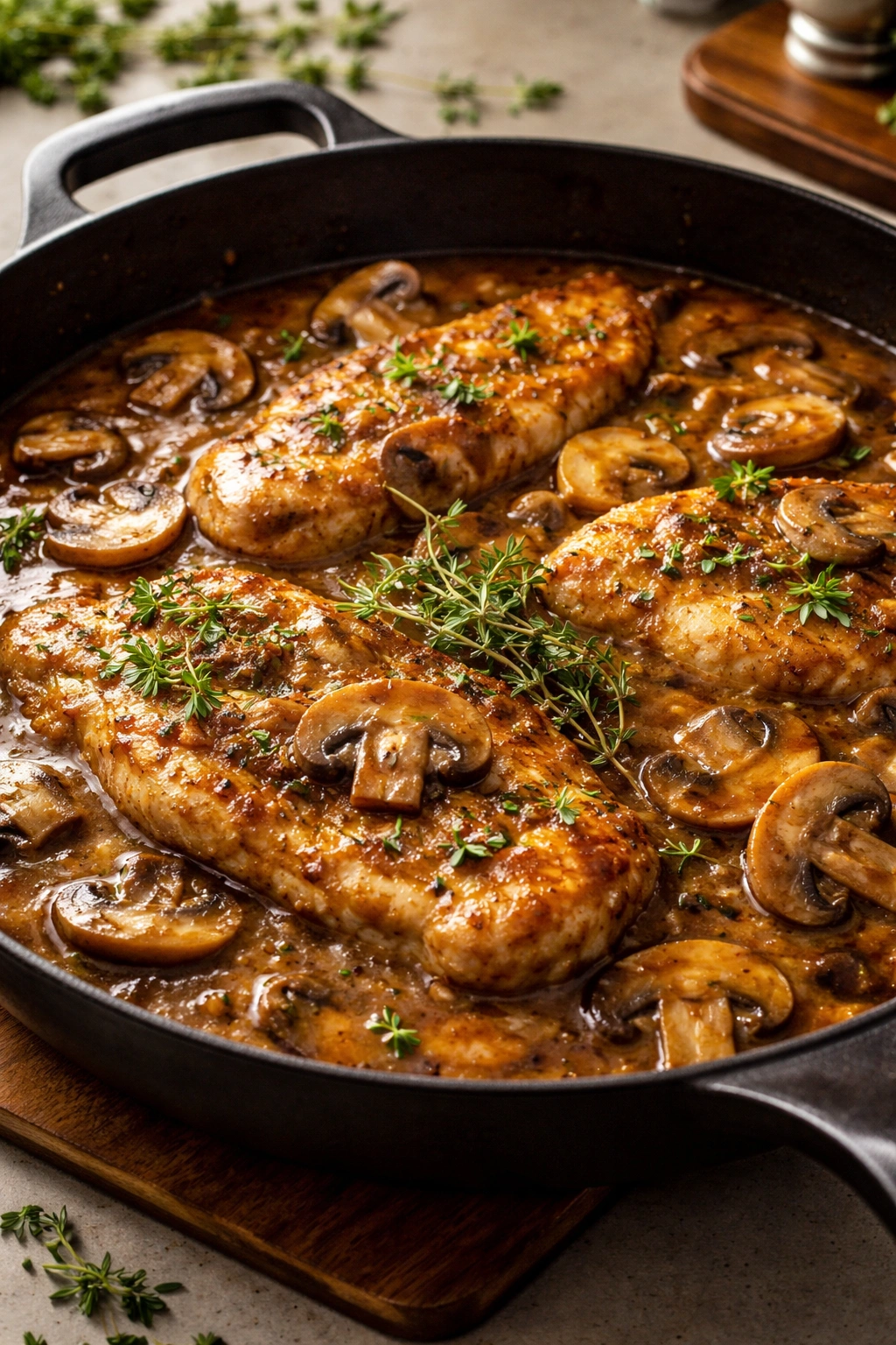Close-up of marsala sauce with mushrooms and herbs, glossy and rich