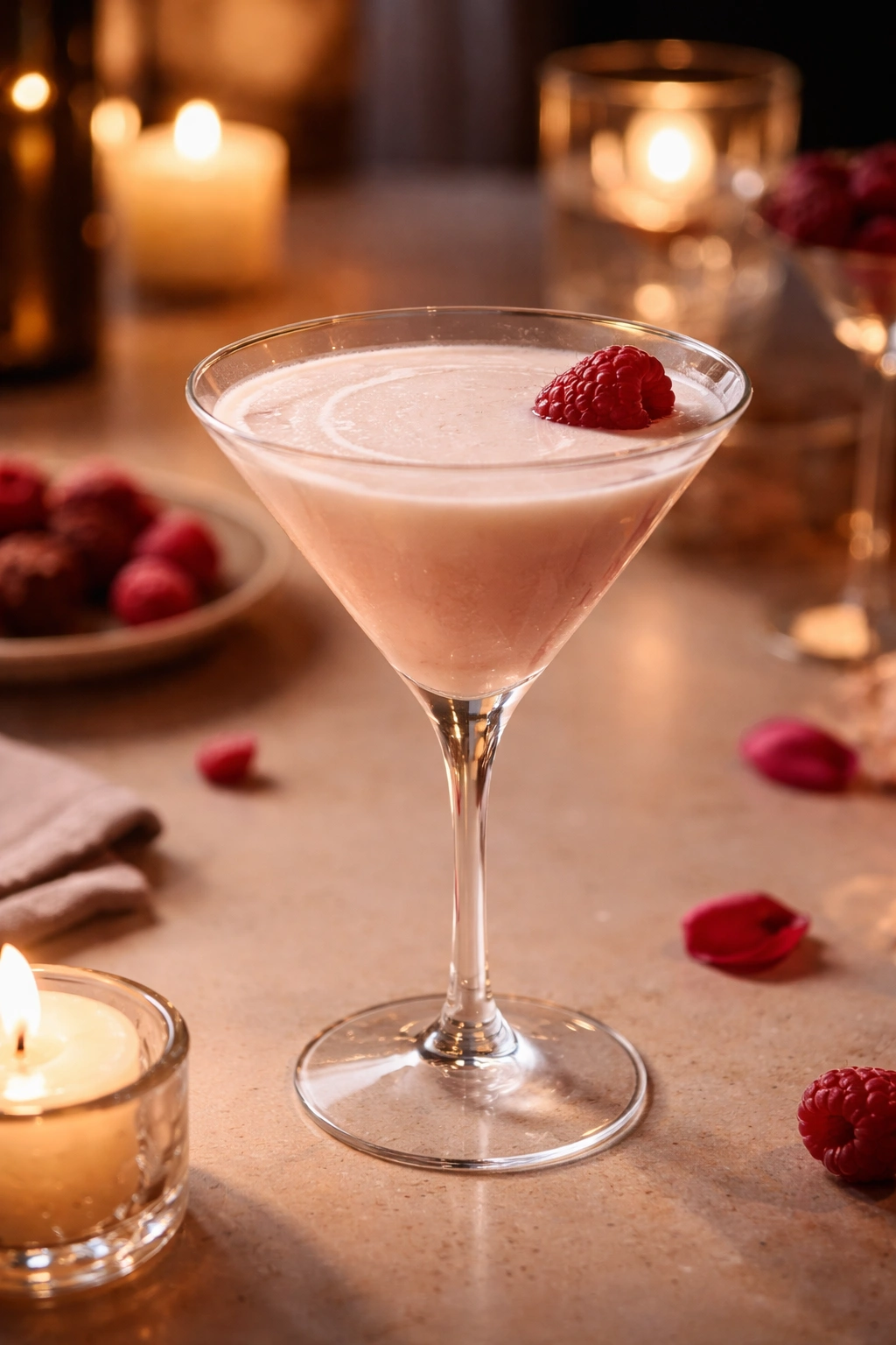 Close-up of pale cream martini with raspberry garnish in a chilled glass, date night