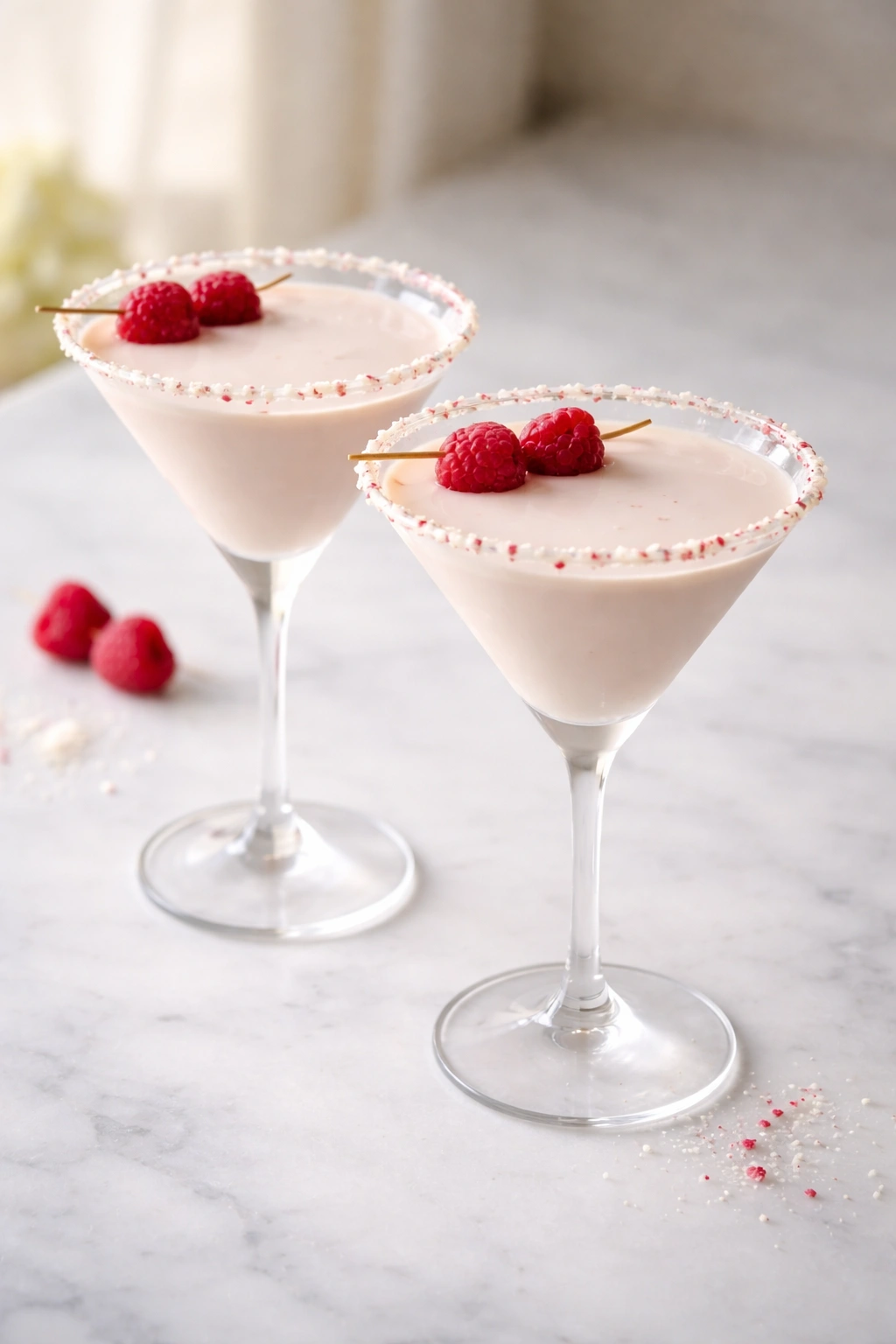 Two chilled martini glasses with pale cocktails, ready to serve