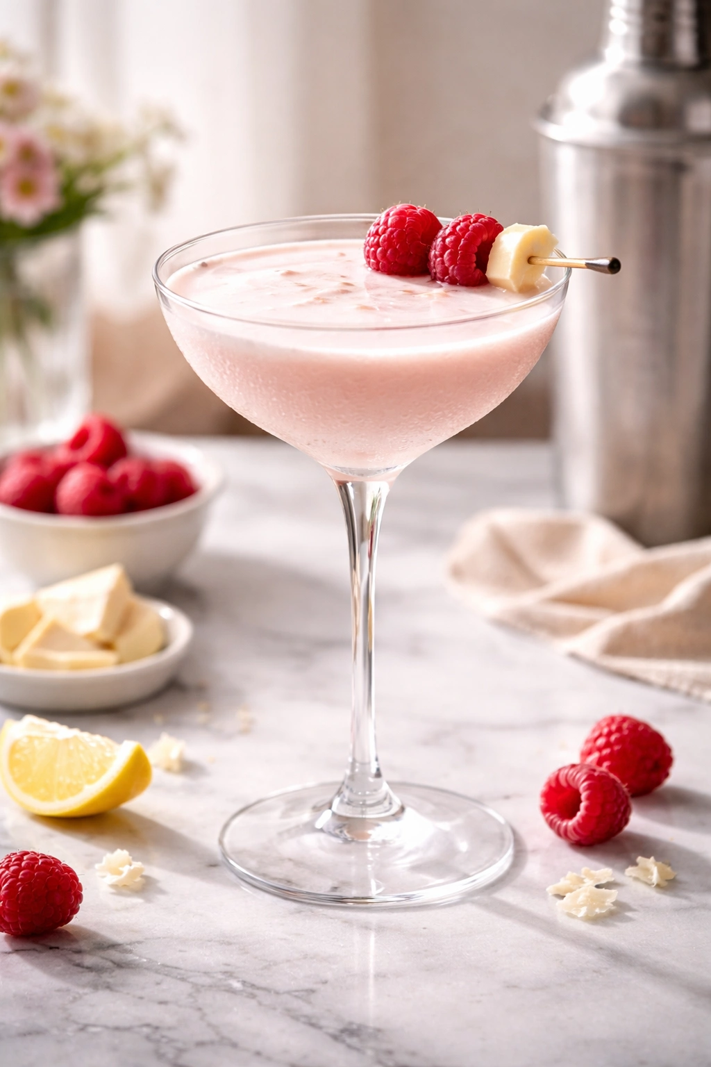 This Drink photorealistic image of a white chocolate raspberry martini in a coupe glass in a studio