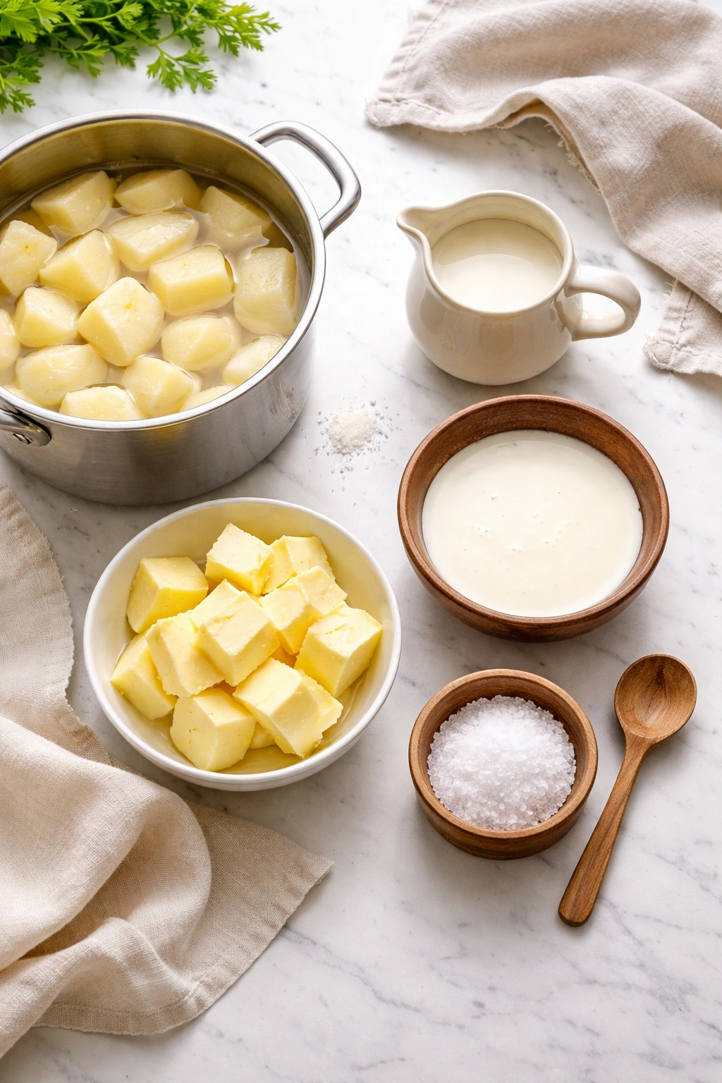 Prepped ingredients for mash including warmed cream, softened butter, and salt.