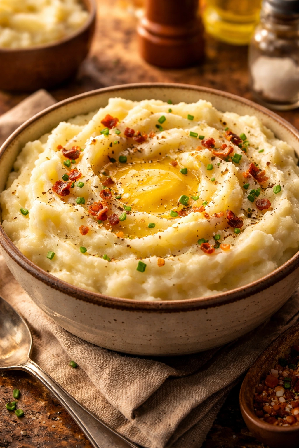 Creamy mashed potatoes with melted butter in a rustic bowl
