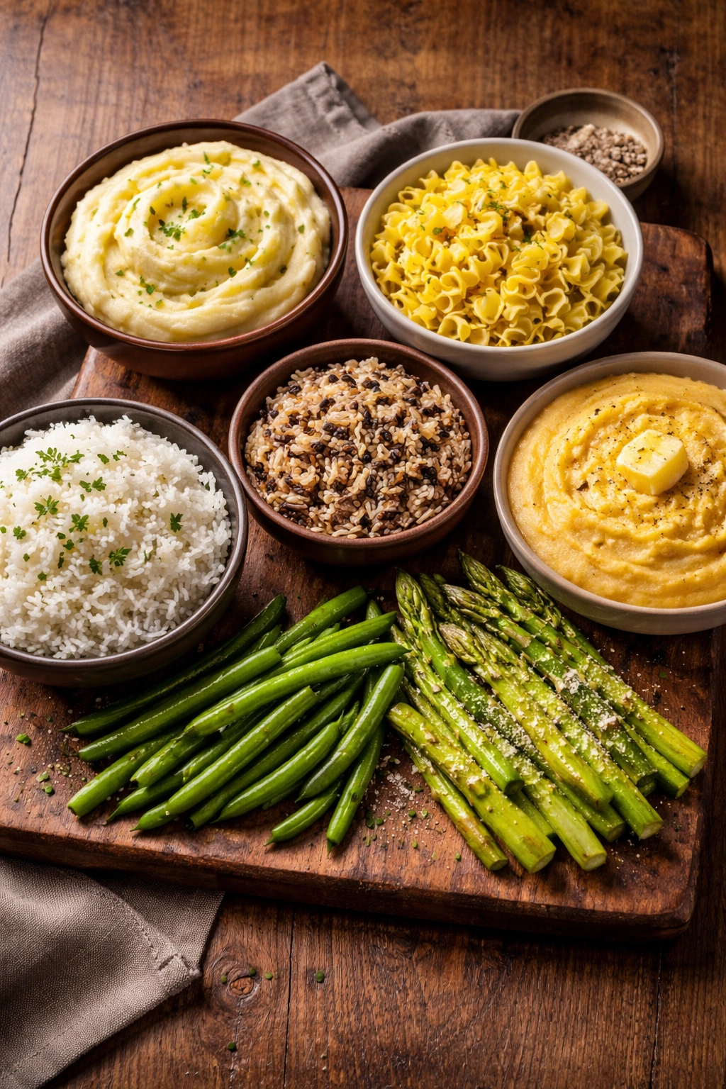 Assortment of side dishes: mashed potatoes, egg noodles, polenta, and rice on a rustic board