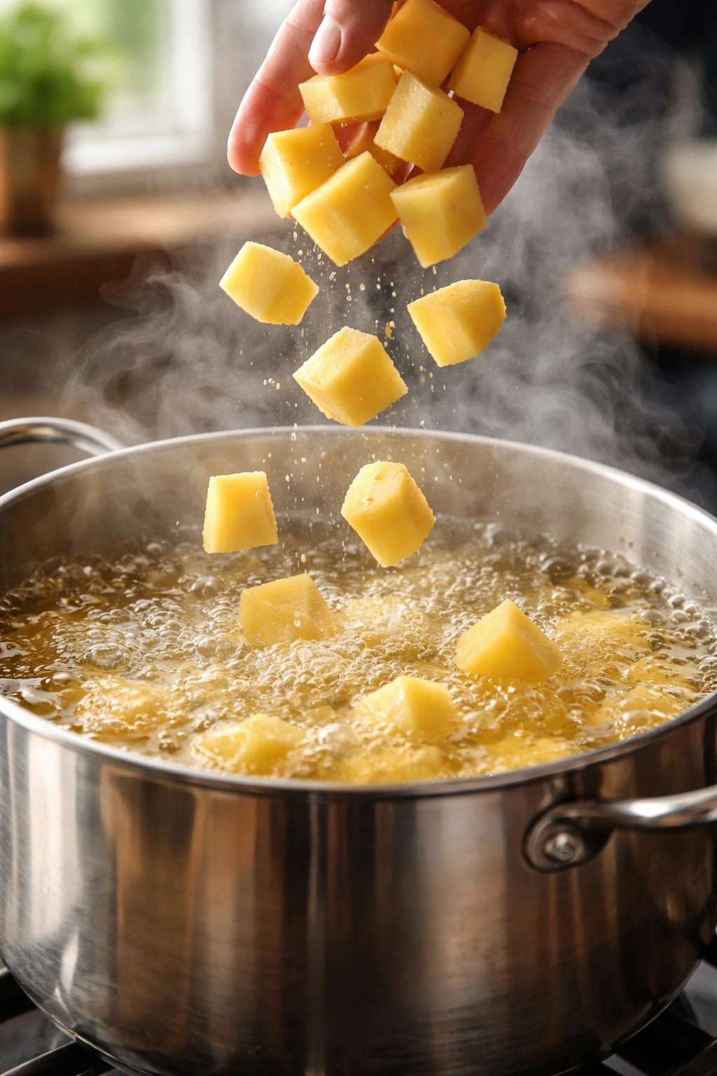 1-inch potato cubes dropping into boiling water, steam rising; fast mashed potato technique.