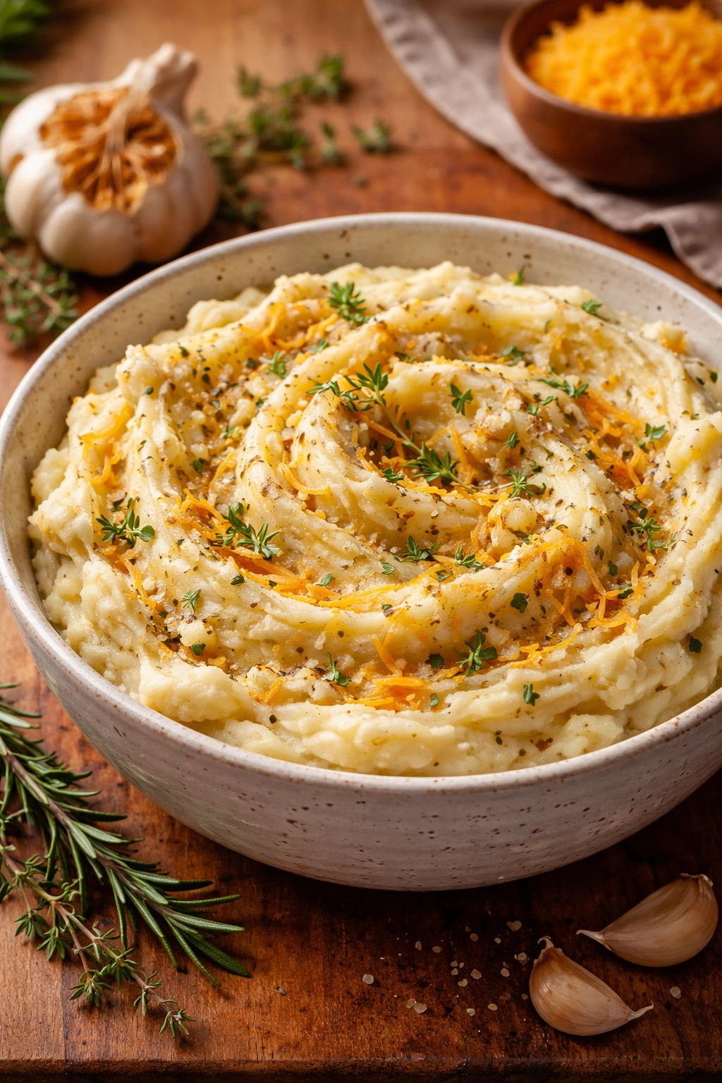 Close-up of mashed potatoes with garlic, herbs, and cheese swirls