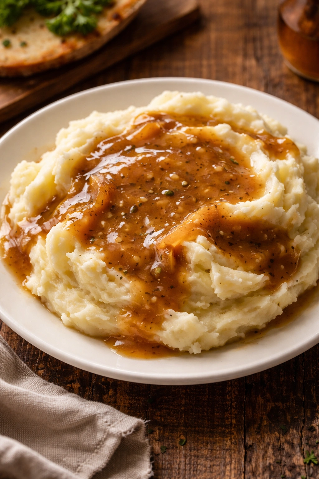 Creamy mashed potatoes with gravy on a plate