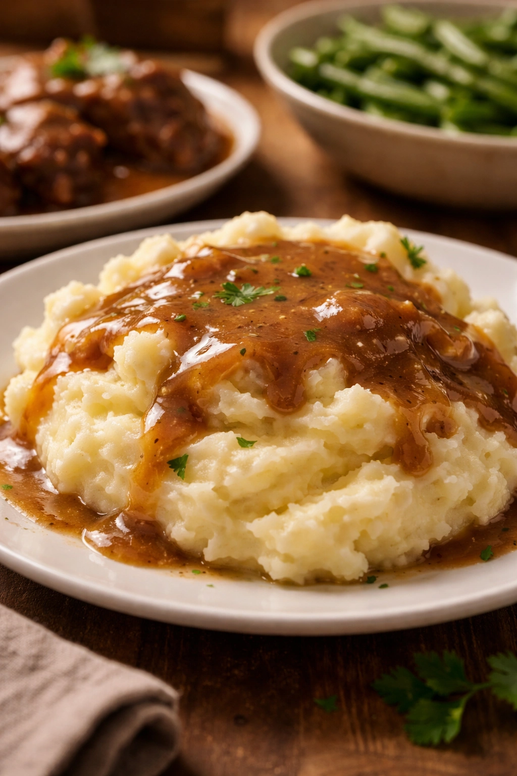 Mashed potatoes with gravy on a plate, classic side dish pairing