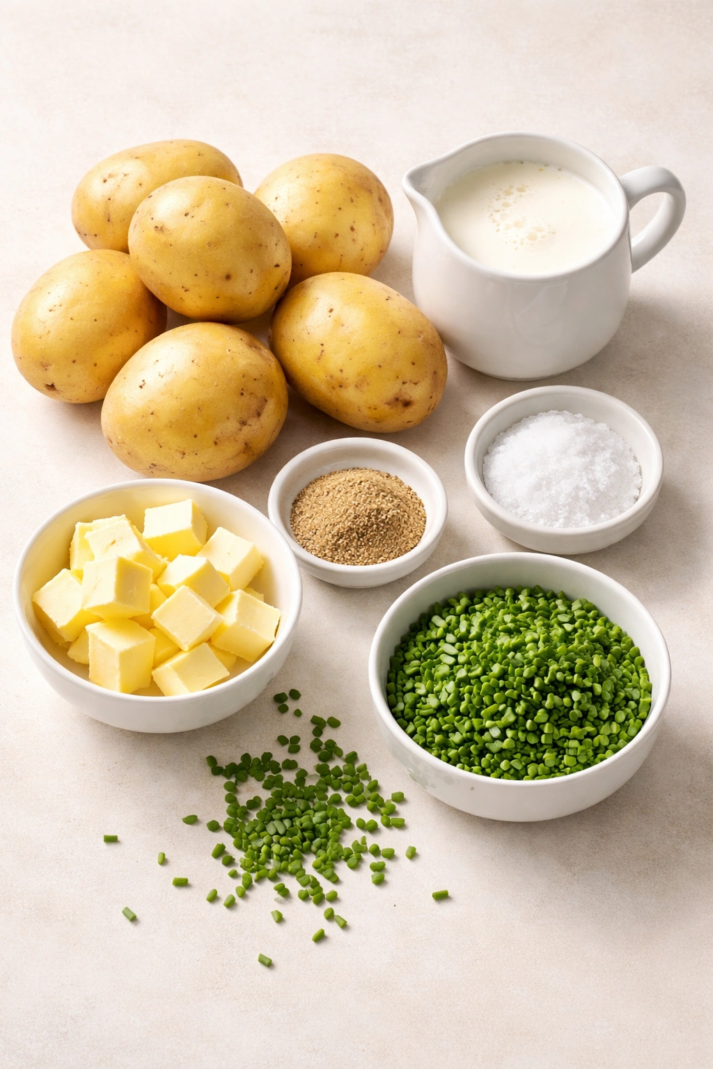 Yukon Gold potatoes with butter, warm cream, salt, pepper, and chives ready for mash.