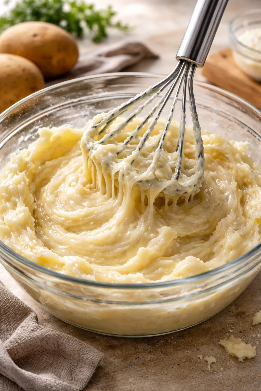 Gluey mashed potatoes demonstrating over-mashing and texture mistakes.