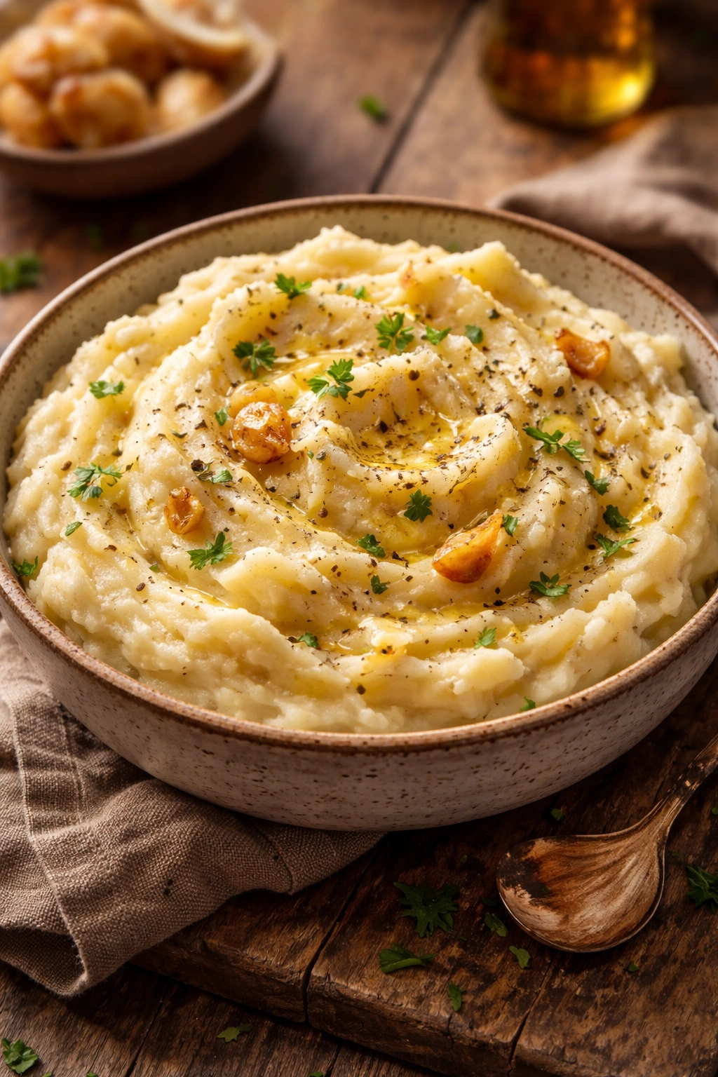 Creamy mashed potatoes with roasted garlic in a rustic bowl, close up