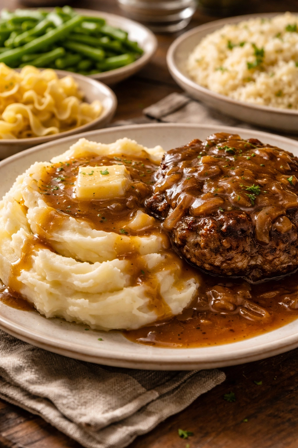 Creamy mashed potatoes on a plate with butter and gravy.