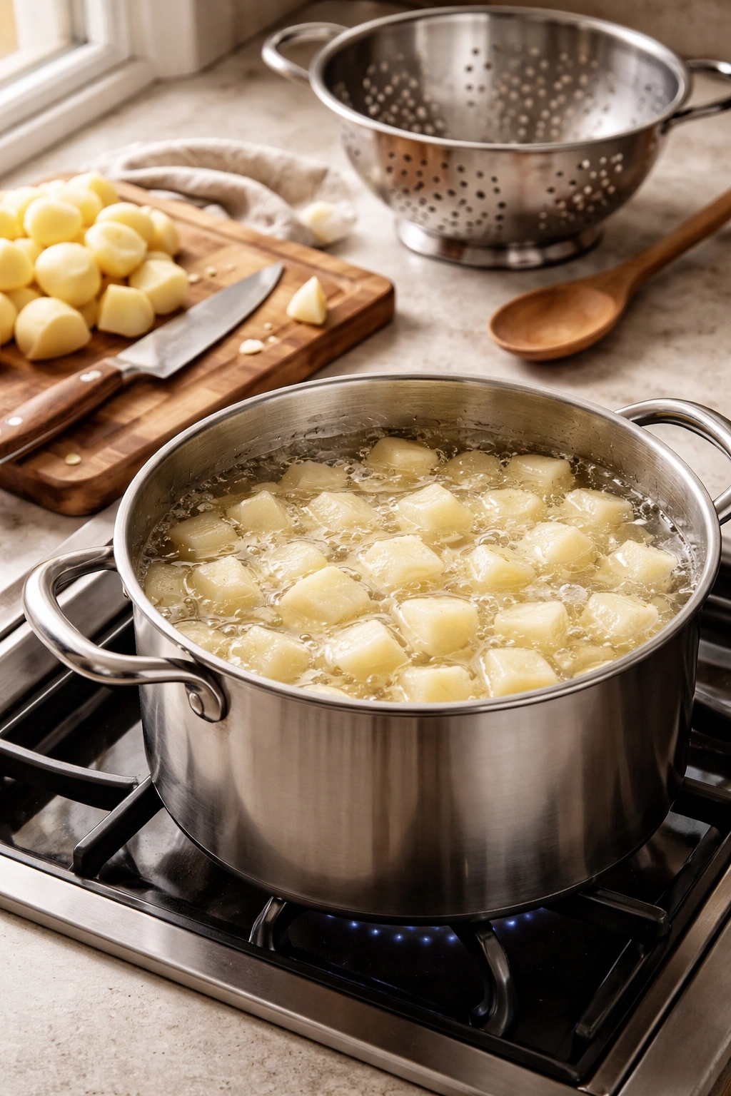 Pot with boiling water and evenly cut potatoes ready to cook with prep items nearby.