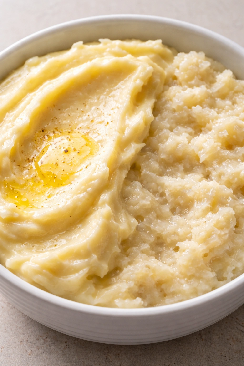 Mashed potatoes showing smooth and gloppy textures for troubleshooting
