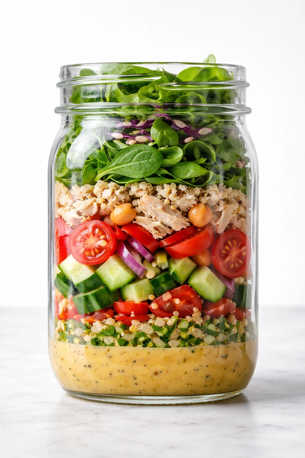 Cross-section of a mason jar showing dressing, barrier vegetables, grains, and greens