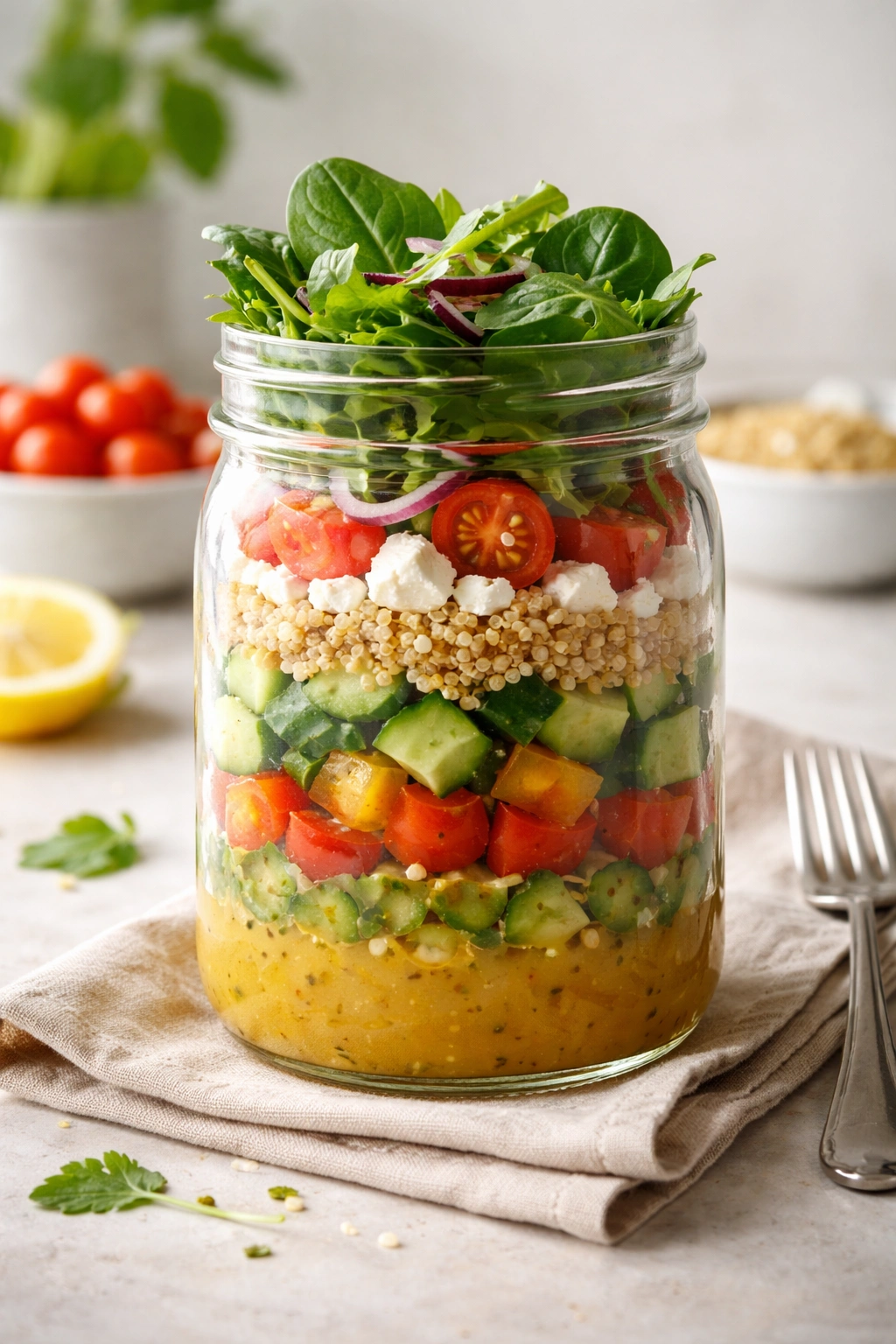 Layered mason jar salad showing dressing, barrier layer, and greens