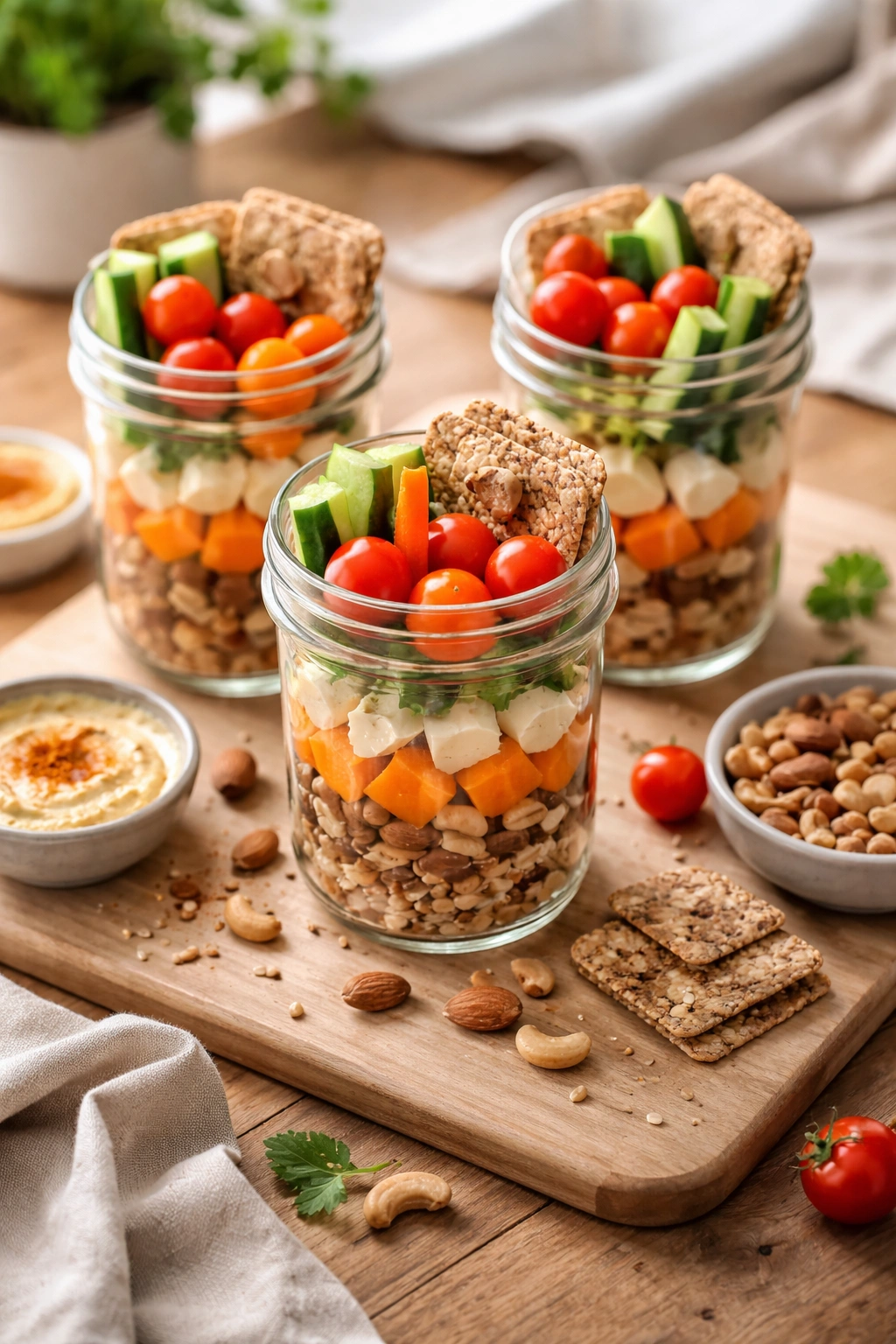 Mason jars layered with nuts, cheese, vegetables, and crackers.