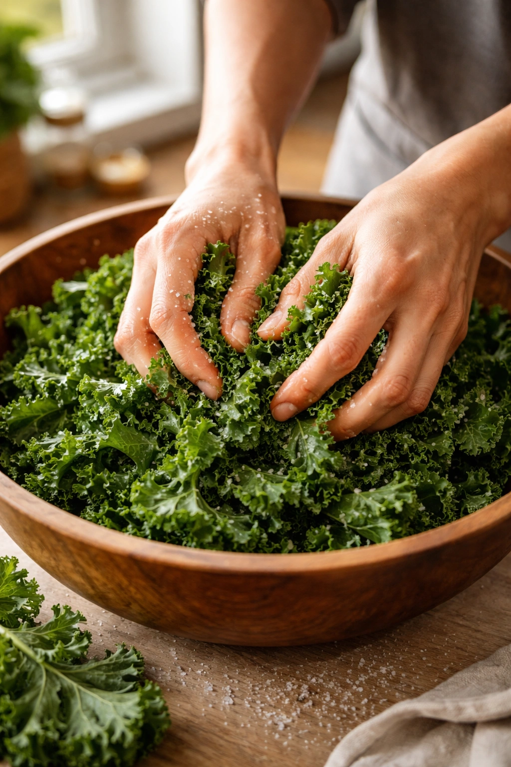 Close-up of massaged kale leaves in a wooden bowl with salt, hands kneading to soften