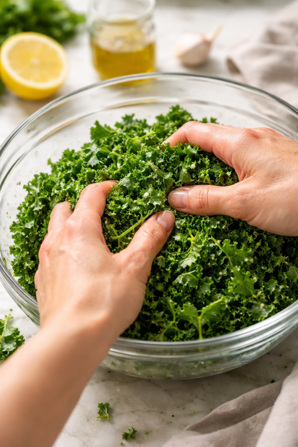 Hands massaging kale leaves in a bowl showing texture transformation