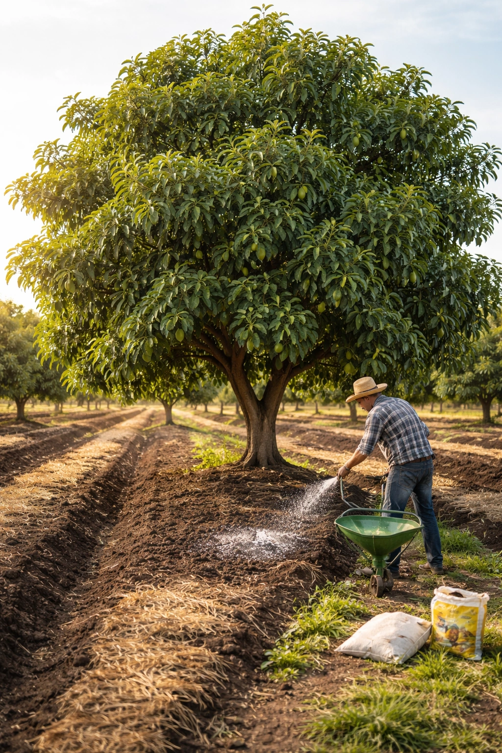 Mature avocado tree in orchard with dense canopy