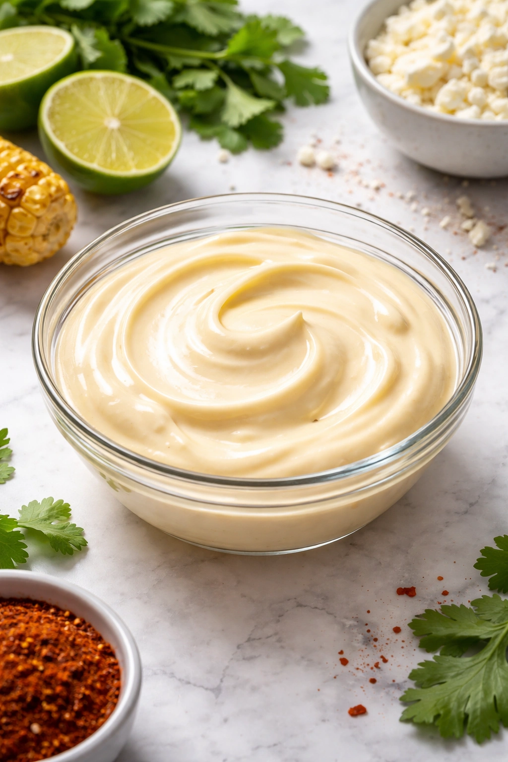 Glossy mayo-crema mixture in a glass bowl ready to coat elote