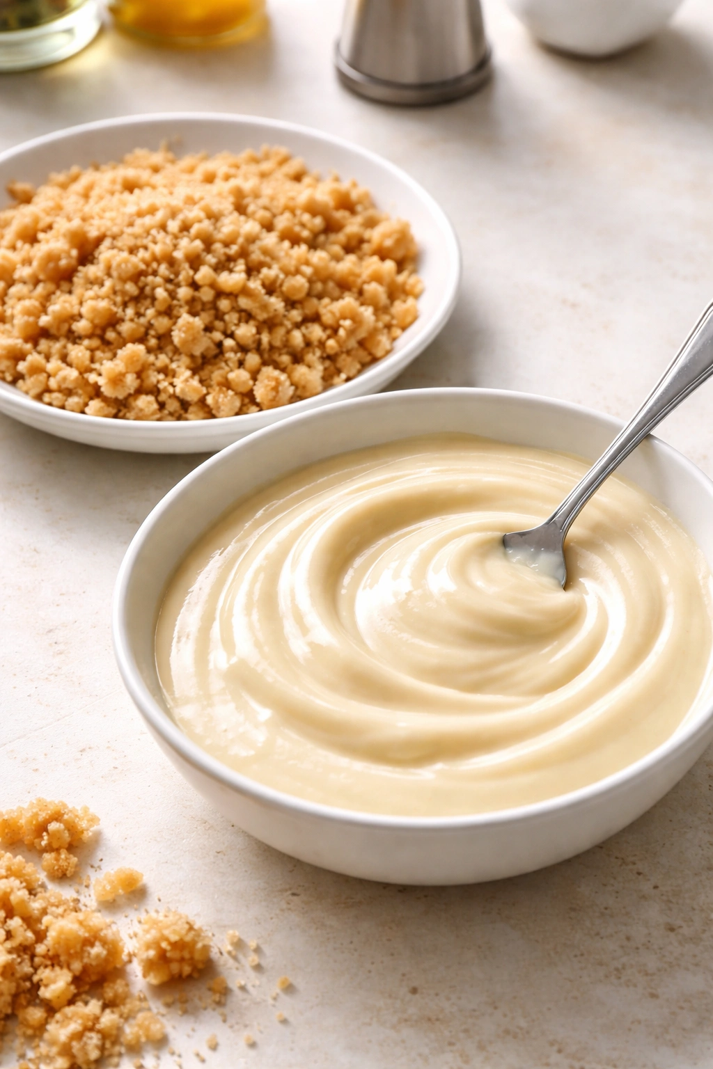 Macro view of mayo batter and crushed pork rind coating for crust.
