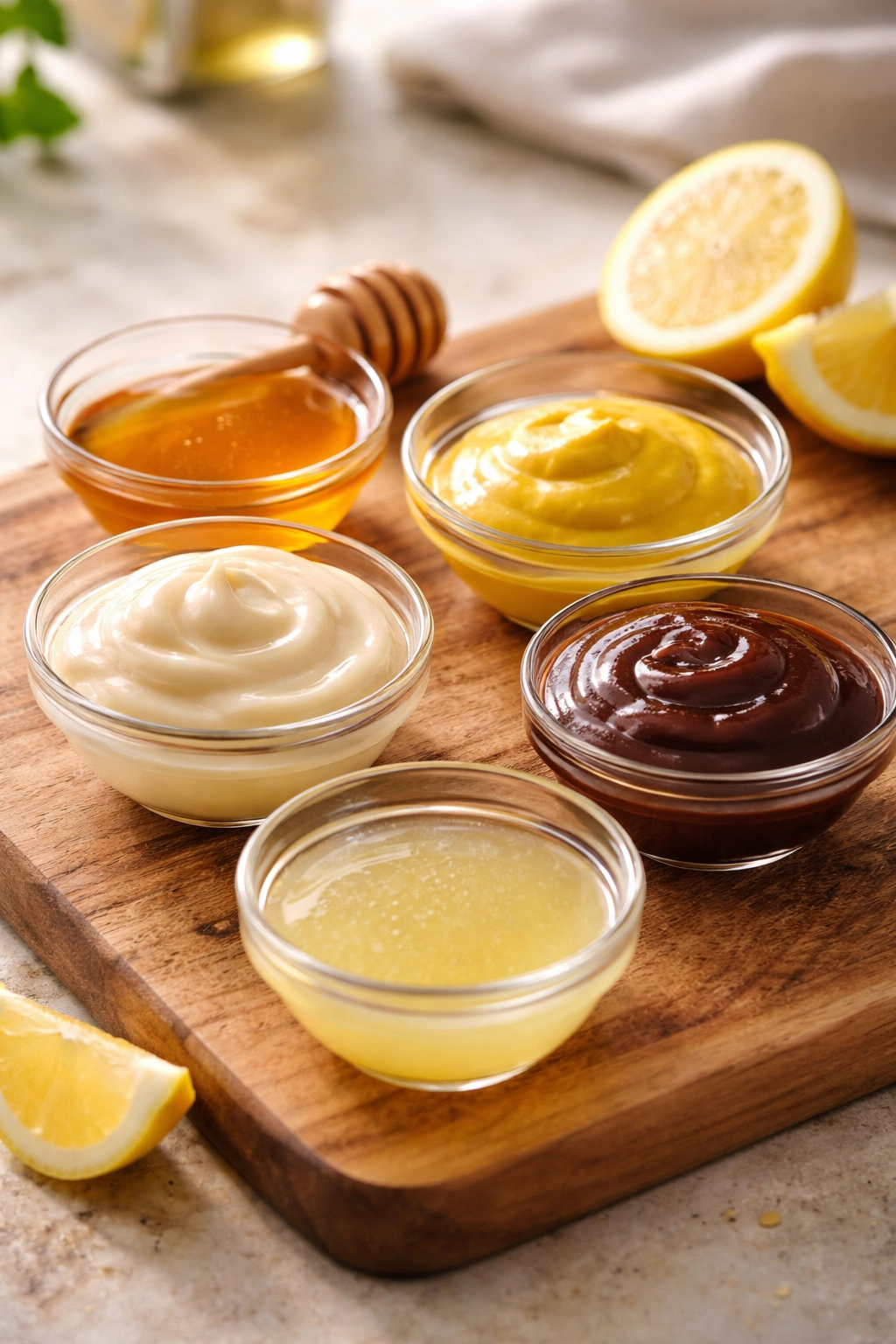 Line-up of five bowls with mayo, honey, mustard, BBQ sauce, and lemon juice