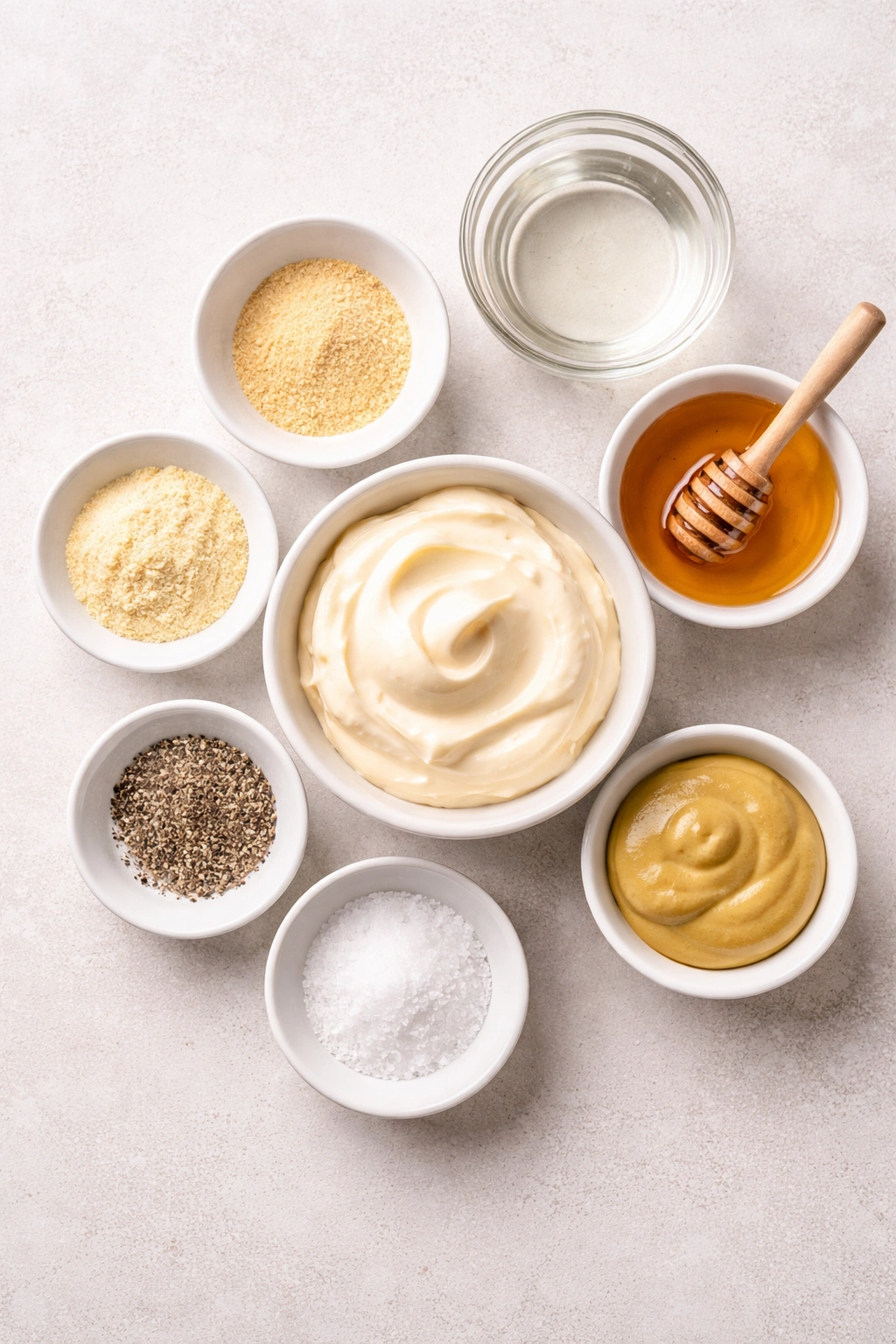 Assorted dressing ingredients arranged in bowls