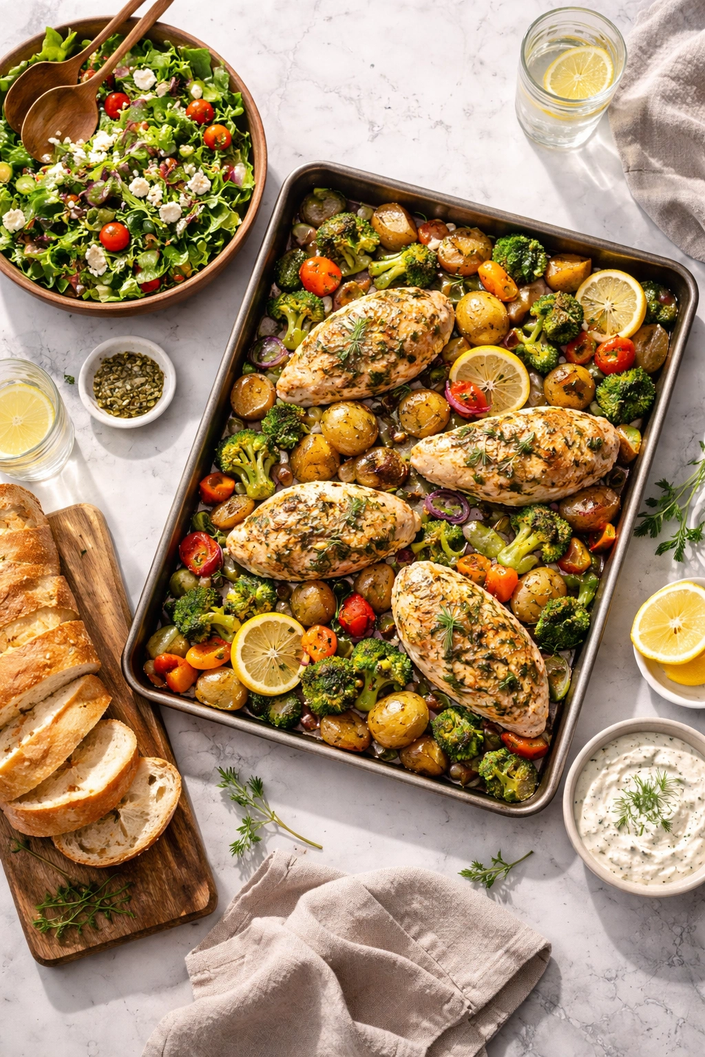 Sheet pan dinner with chicken and roasted vegetables accompanied by salad and bread