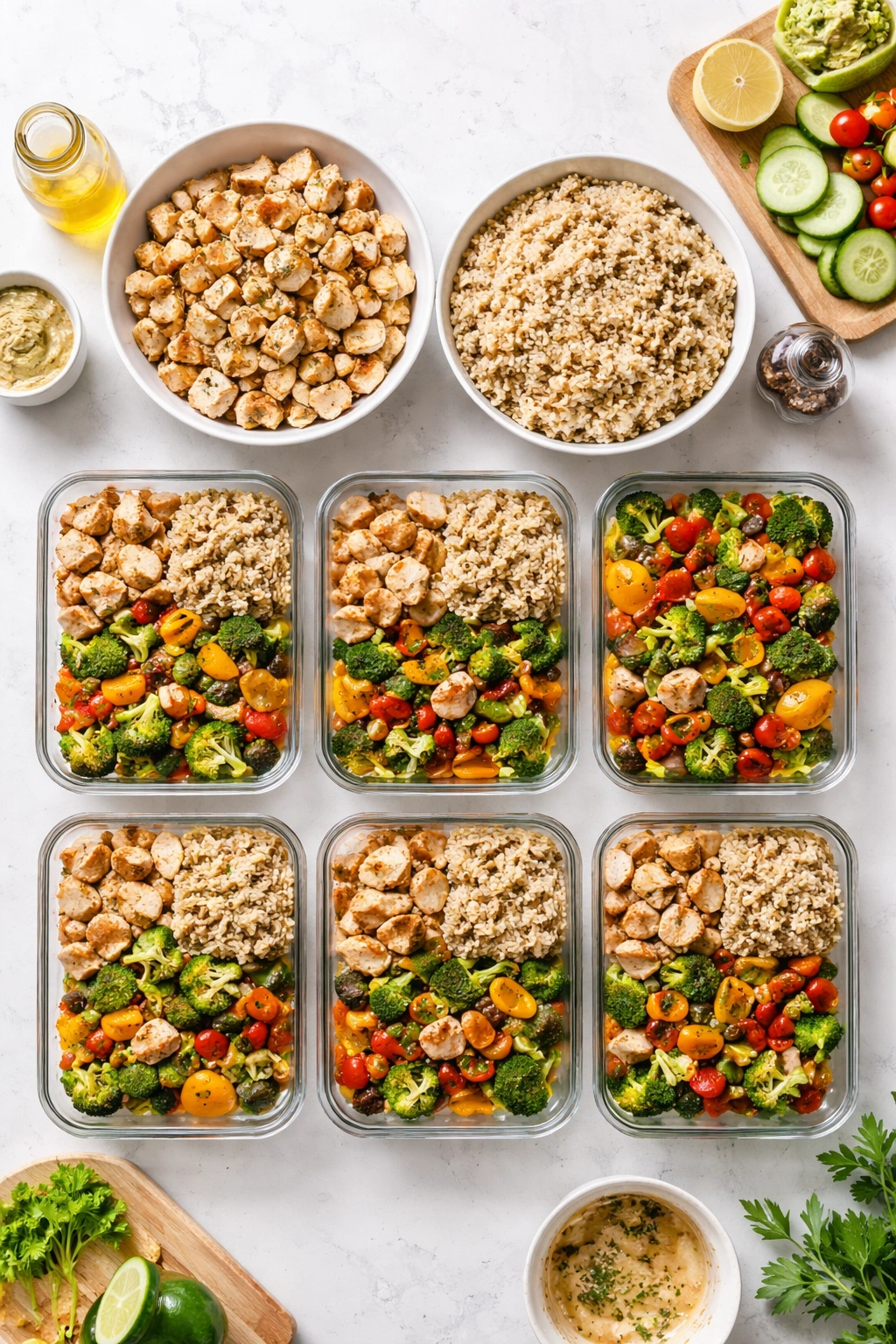 Top-down view of protein, carbs, and vegetables arranged for meal prep plan