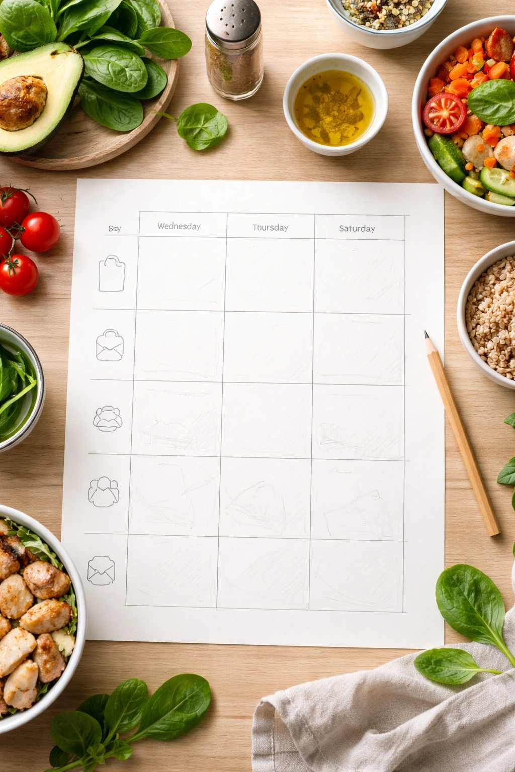 Blank meal planning planner page with pencil grid showing framework idea