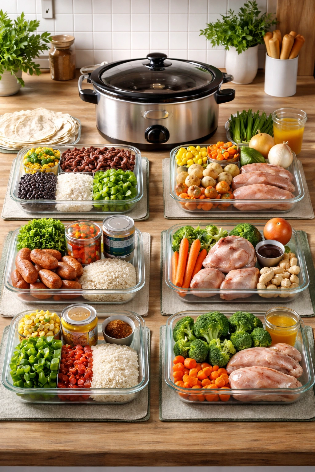 Four meal prep zones with varied ingredients laid out for weekly planning