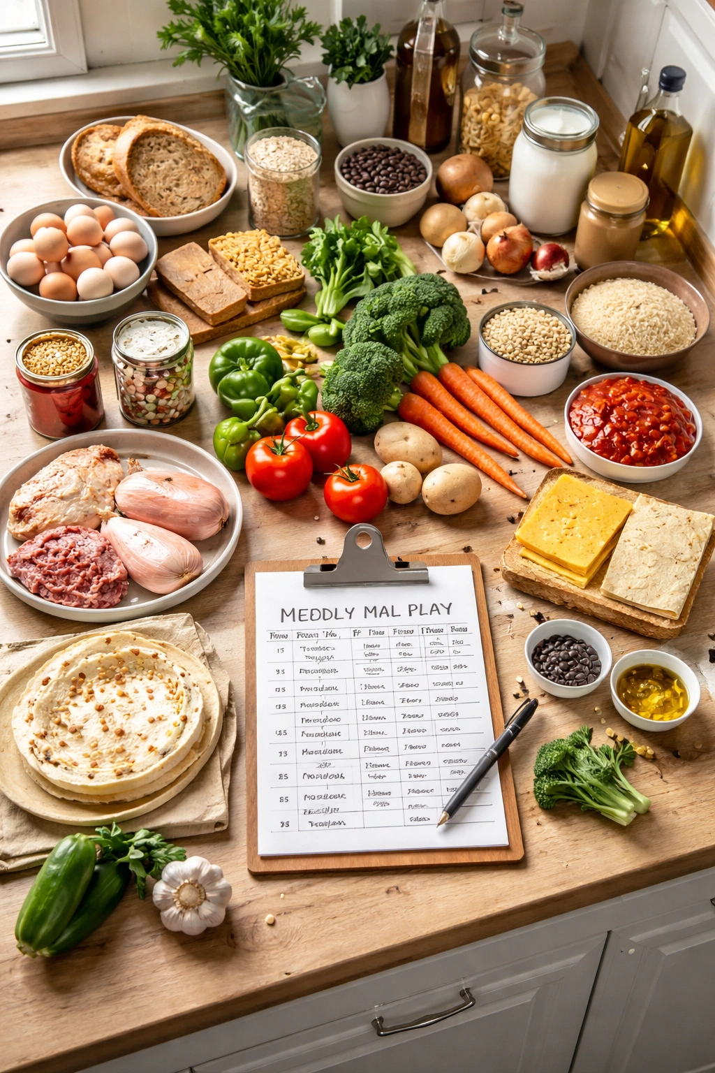 Organized kitchen ingredients arranged to imply backward meal planning on a budget