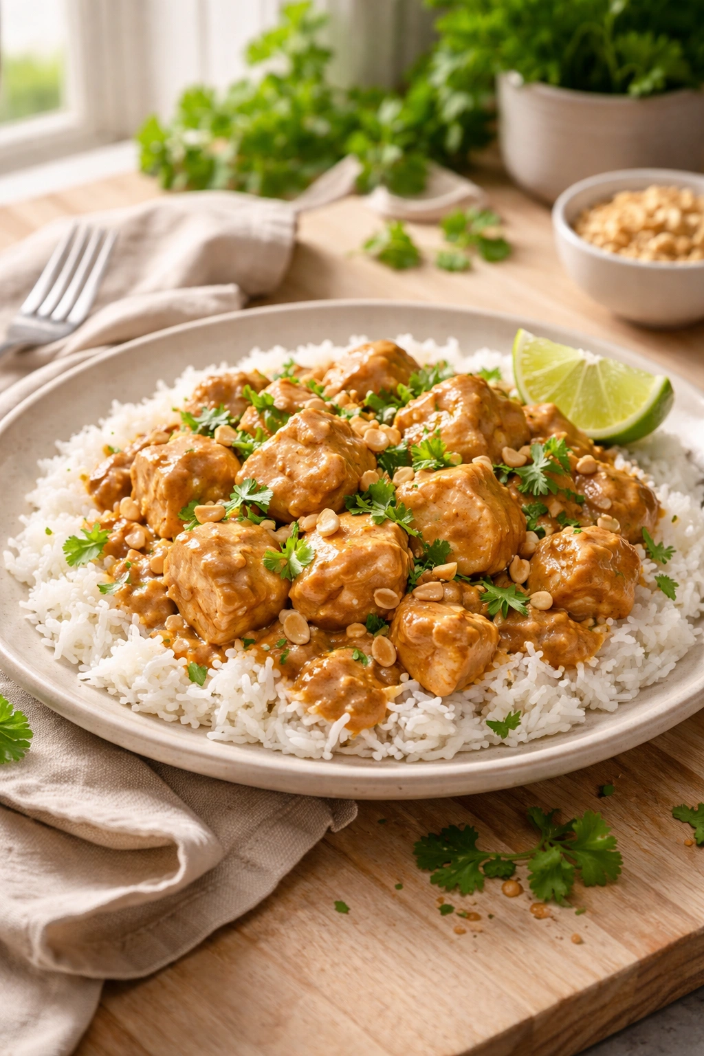 Plate of peanut butter chicken with rice, representing quick family-friendly dinner.