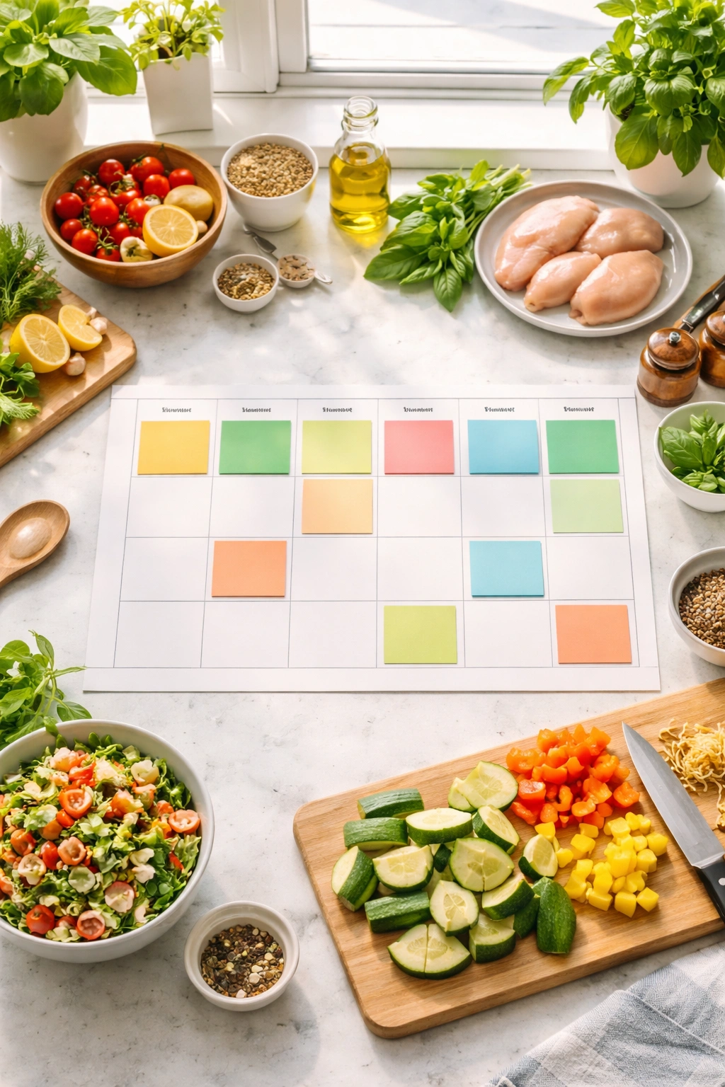 Overhead view of a blank grid planner on a kitchen counter with no text visible