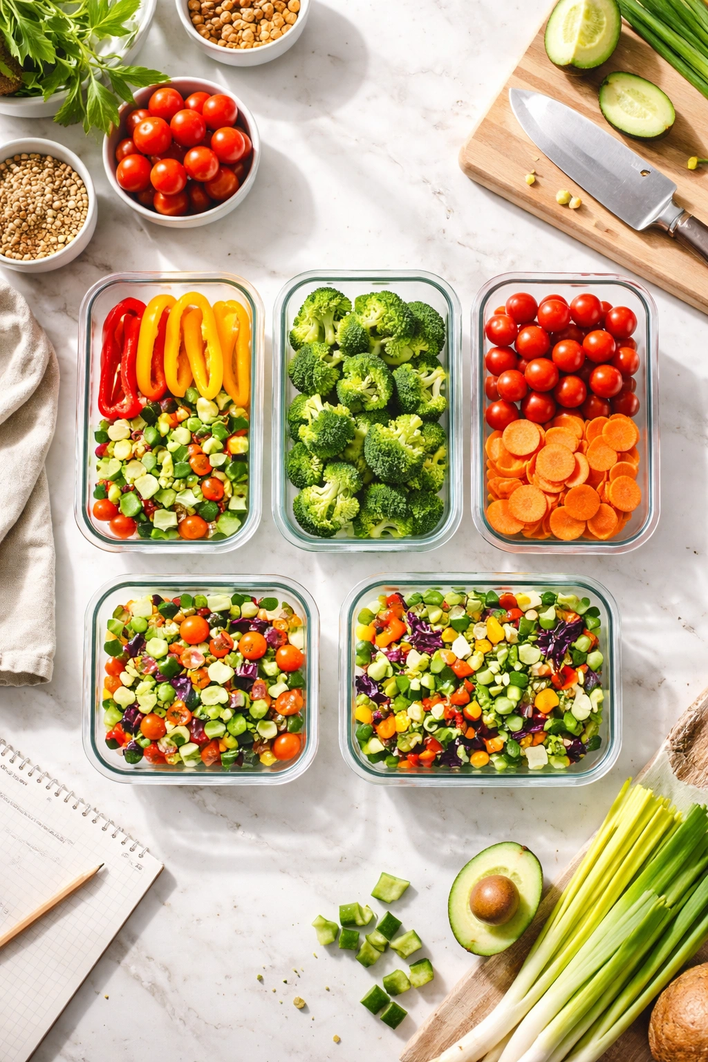 Glass meal-prep containers with prepped produce on a bright kitchen counter