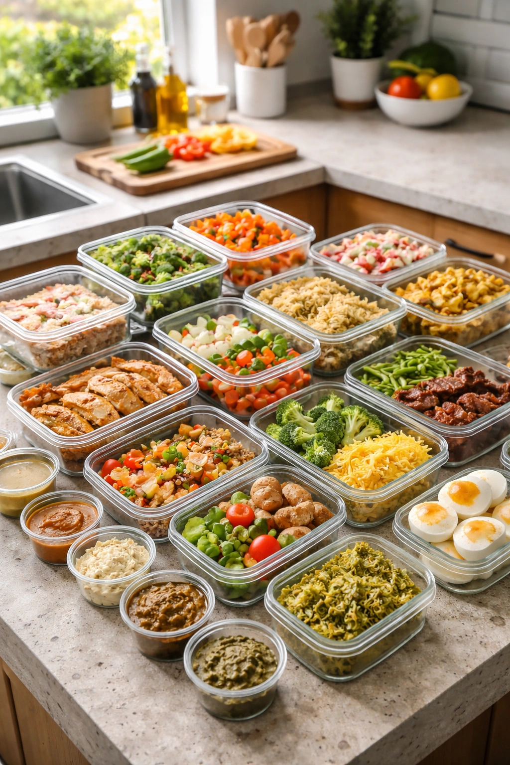 Countertop with glass containers of prepped ingredients for batch cooking