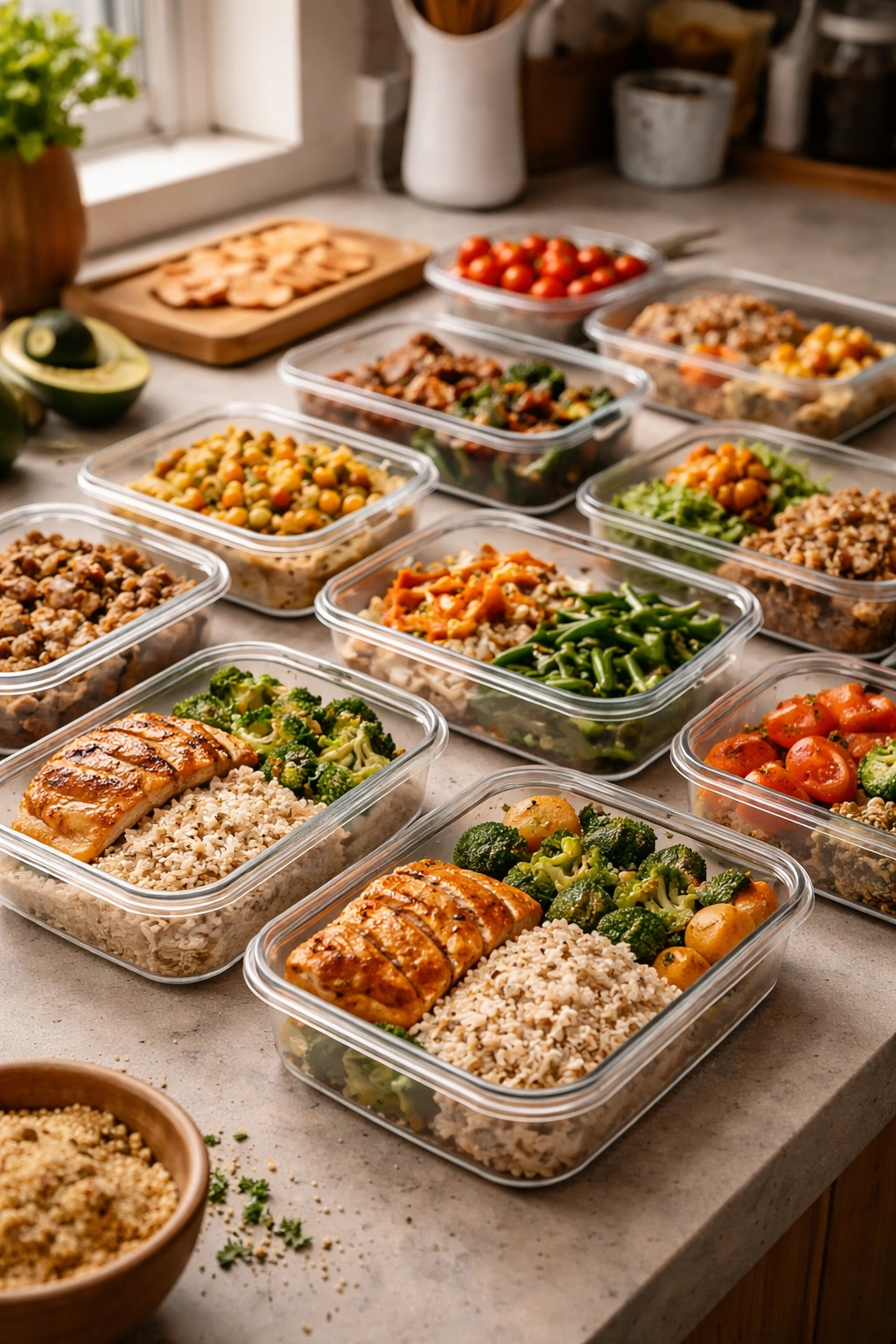 Set of meal prep containers with rice, vegetables, and protein ready to reheat