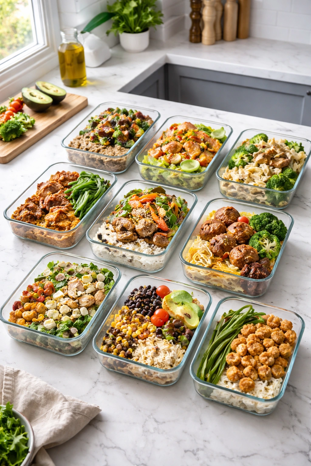 Top-down view of eight glass meal-prep containers with ready meals on a clean kitchen island