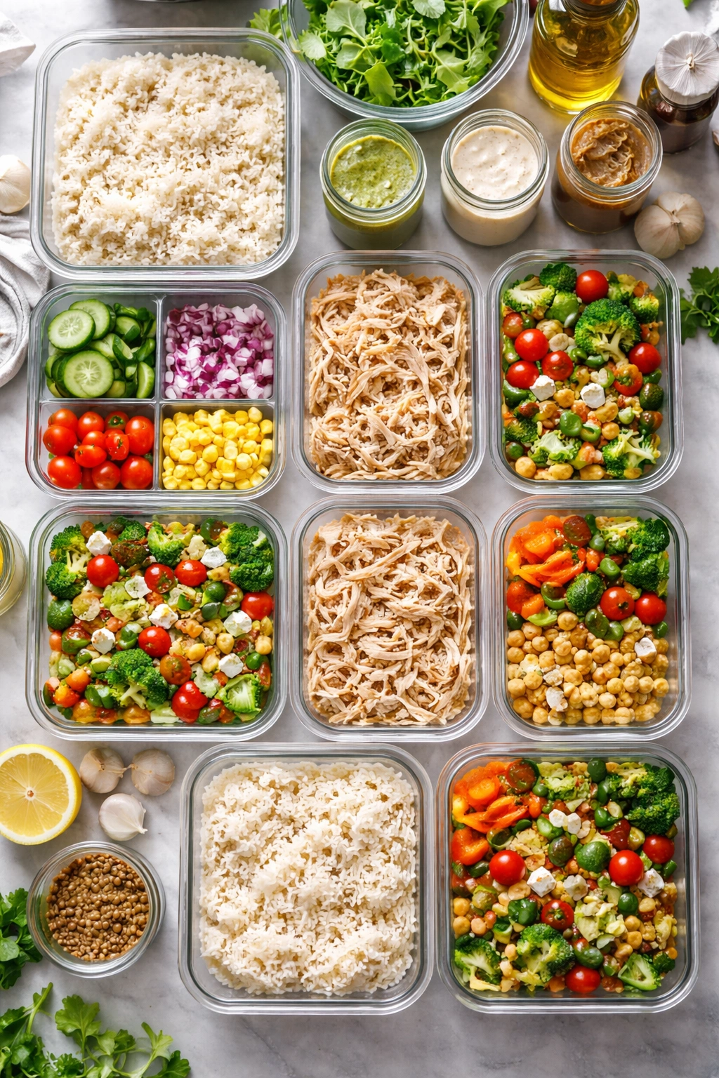 Stacked meal-prep containers with rice, chicken, and vegetables.