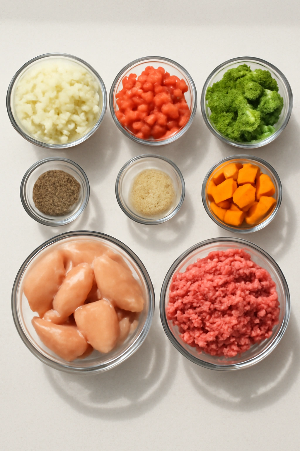 Assorted prepped ingredients in bowls on a bright kitchen counter.