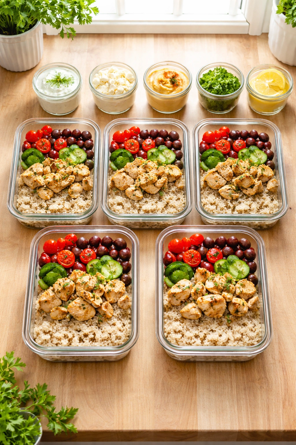 Five meal prep containers with grains and roasted vegetables separated, ready for assembly