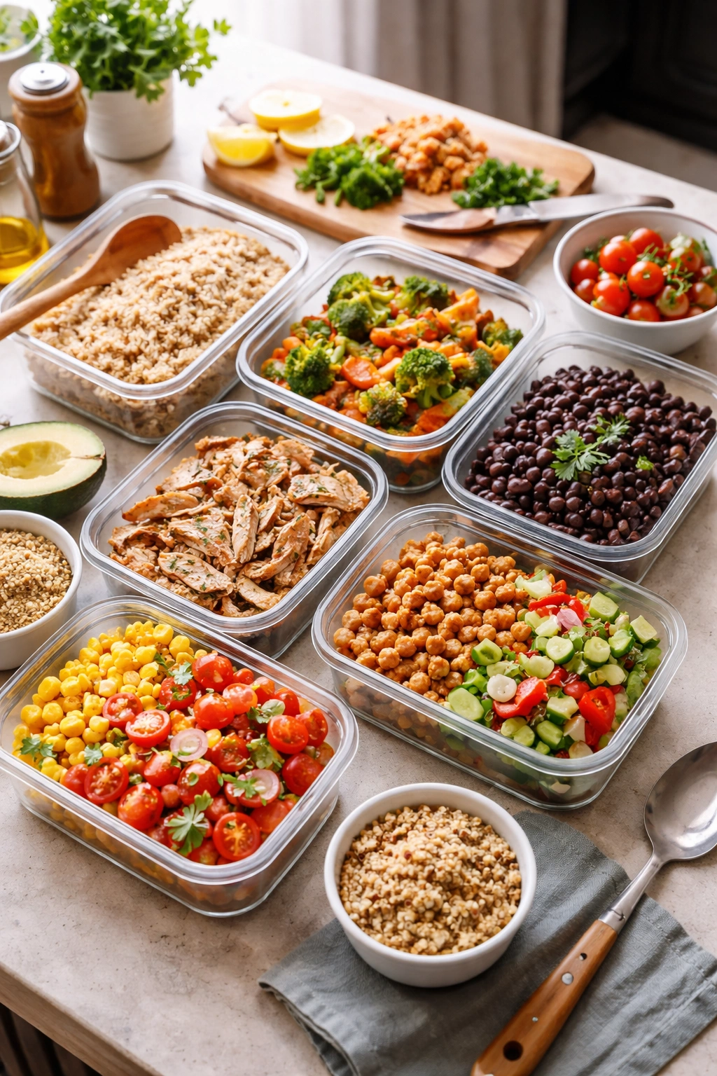 Meal prep containers with rice, beans, and vegetables laid out on a countertop